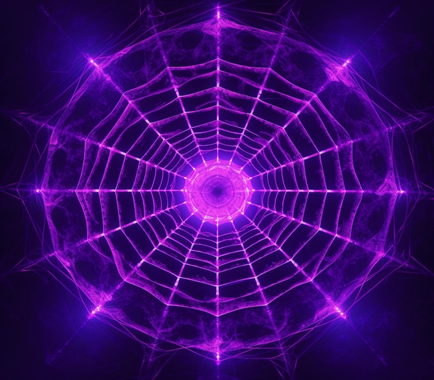 purple spider web with glowing webs in the center generative ai