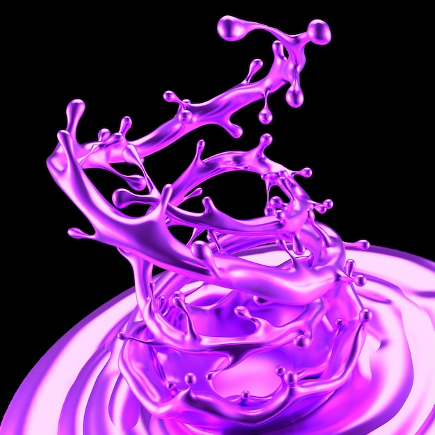 Purple splash liquid zwart. 3d-weergave.