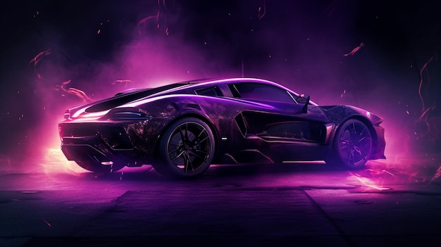 Purple sport car wallpaper on smoke neon background