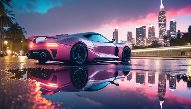 A purple sports car is reflected in the water with a city skyline in the background