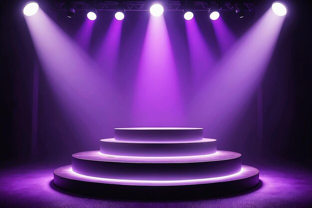 Purple spotlight bright lighting with spotlights of the stage with purple dust and cylinder podium