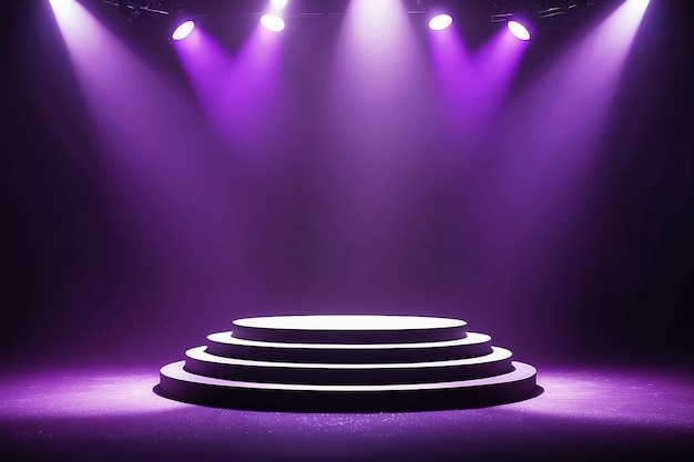 Purple spotlight bright lighting with spotlights of the stage with purple dust and cylinder podium