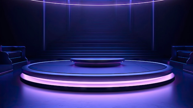 A purple stage with a podium in the middle and a purple light on the bottom.