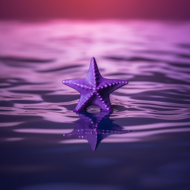 A purple starfish is floating in the water.