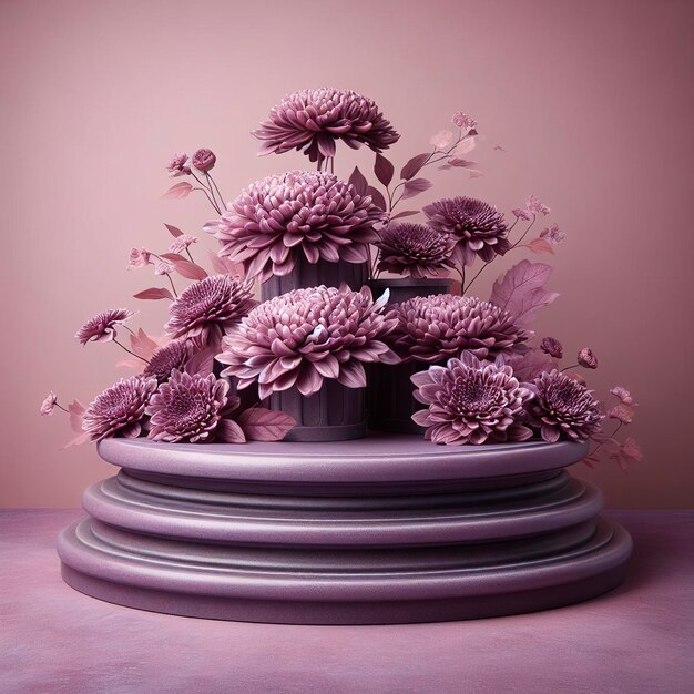 Purple stone podium with chrysanthemum flowers