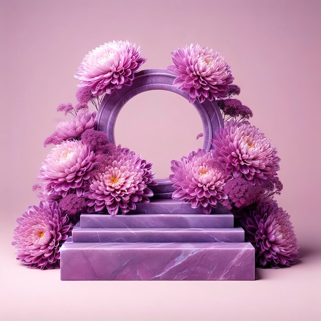 Purple stone podium with chrysanthemum flowers