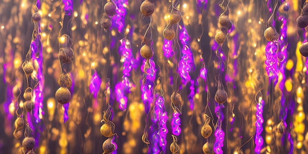 A purple string of lights hangs from a string.