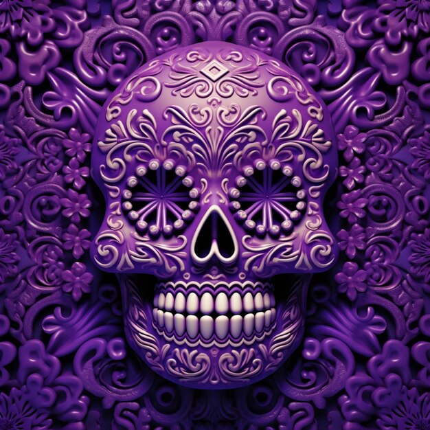 Purple sugar skull with ornate design on a purple background generative ai