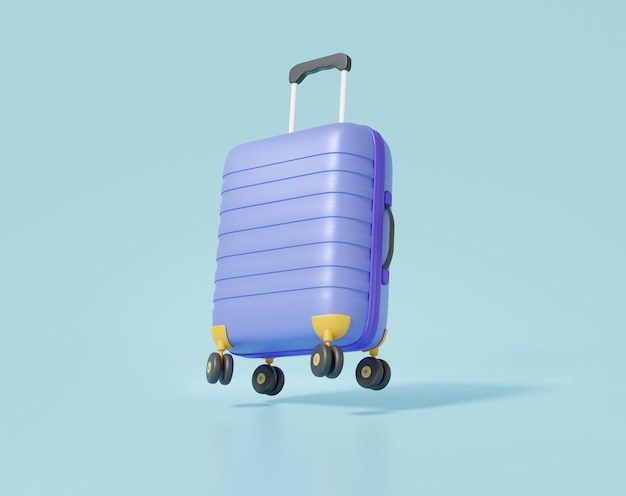 Valigia viola mockup di viaggio galleggiante su sfondo blu con il concetto di vacanza estiva per il tempo libero vacanza cartone animato minimo isolato rendering 3d illustrazione