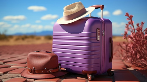 фиолетовый чемодан с солнцезащитными очками, шляпой и камерой Generative Ai