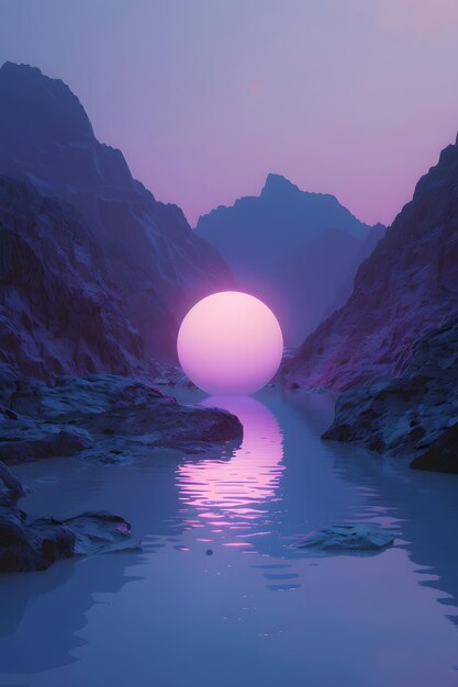 Фото Фиолетовое солнце заходит над водой с горами и облаками в небе