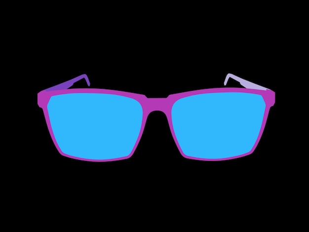 A purple sunglasses with blue lenses on a black background.