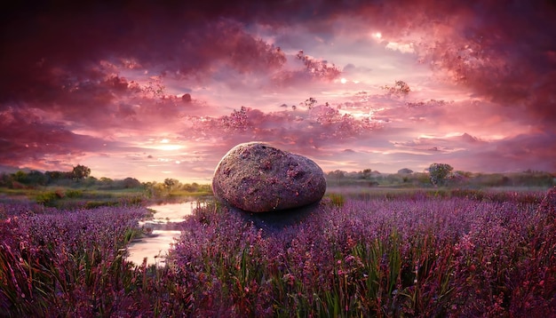 Purple sunset over the field and pond purple flowers bright sky\
with colorful clouds