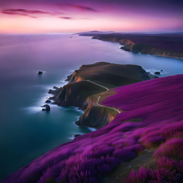 a purple sunset is seen from the top of a hill