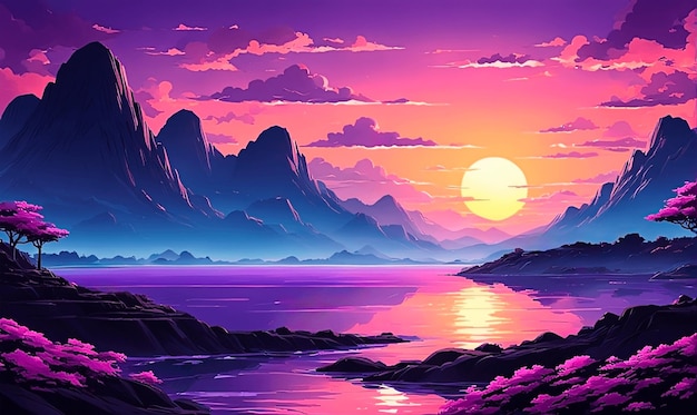 Purple sunset above a lake in cartoon style