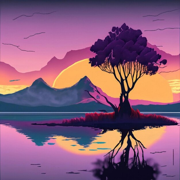 A purple sunset over a lake surrounded by trees