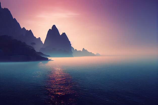 A purple sunset over the ocean with mountains in the background