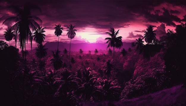 A purple sunset with palm trees in the foreground and a purple sky with the sun shining on it.