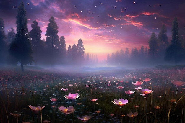 a purple sunset with pink flowers in the foreground and a purple sunset in the background.