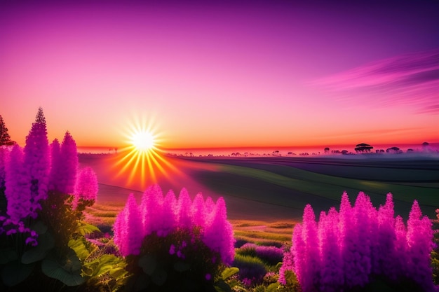 A purple sunset with a pink sky and a field of flowers.