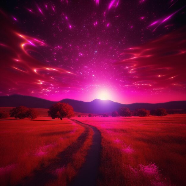 Purple sunset with a road in the middle of a field generative ai