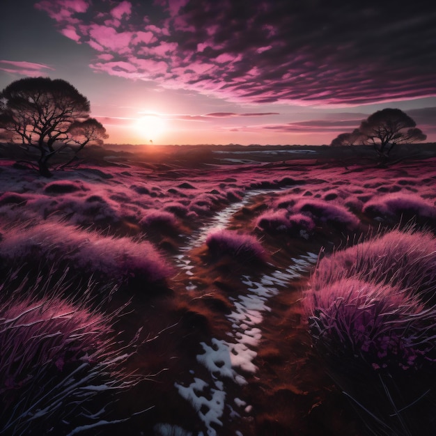 A purple sunset with trees in the background and a path in the foreground.