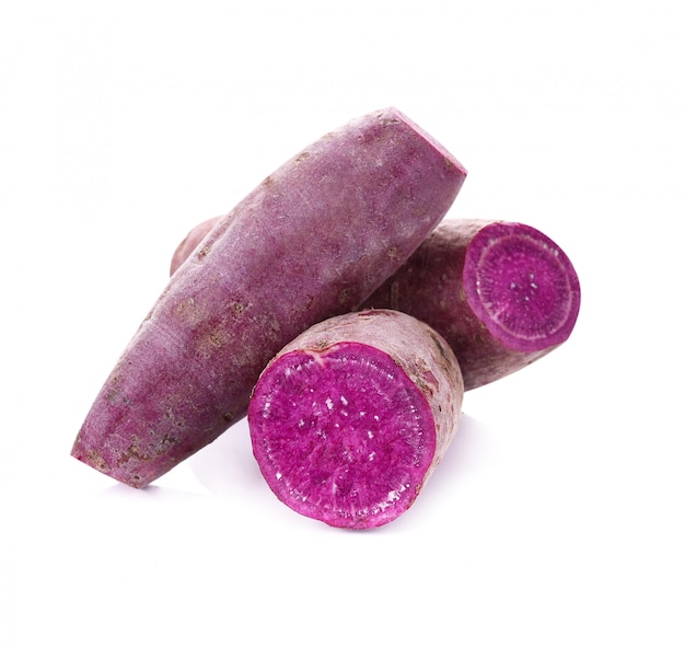 Purple sweet yams on white background.