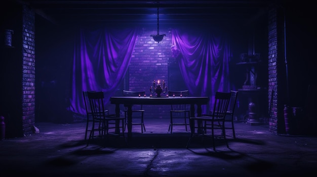 Foto le sedie a tavolo viola sono la stanza oscura immagine di sfondo viola generata dall'arte di ai
