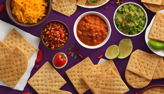 a purple table with food and a variety of dips and dips