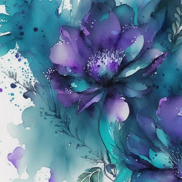 Purple and teal watercolor flowers with stems and leaves Watercolor art background