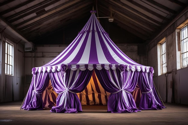 Foto una tenda viola con un baldacchino viola in cima.