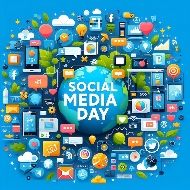 Foto purple-thema mobiele telefoon te midden van levendige apps flat social media day post template