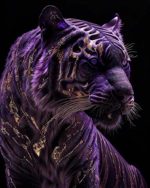 A purple tiger with gold markings on its face