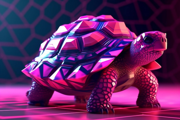 A purple tortoise in neon light background