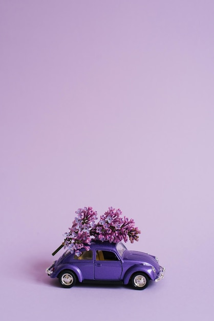 Purple toy car with lilac flowers on the roof on a lilac background Flower delivery Birthday holiday concept Mother's day Valentine's day Spring day