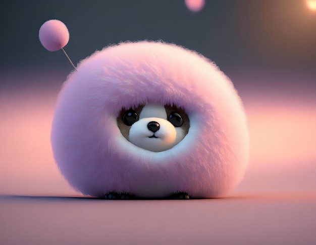 A purple toy with a fluffy face has a black nose and a black nose.