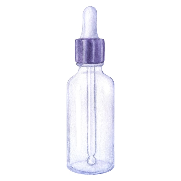 Фиолетовая прозрачная стеклянная косметическая бутылочка с пипеткой Ампула Ручной рисунок акварелью на белом фоне