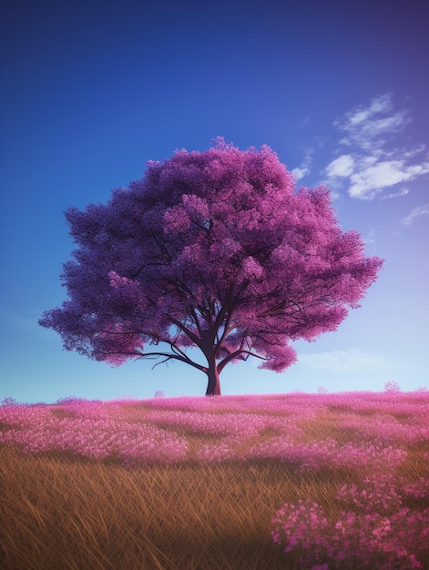 Photo purple tree in a field of grass with a blue sky in the background generative ai