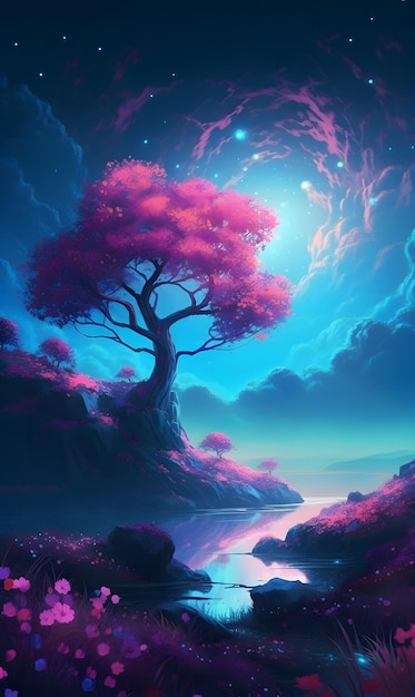 A purple tree perched on top of a lush green slope by the lake AI generation