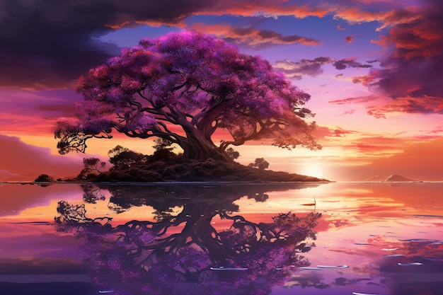 purple tree in sunset lake