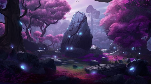 A purple tree with a large rock in the middle of it.