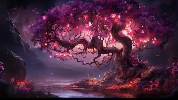 Фиолетовое дерево с розовыми цветами и замком на заднем плане генеративный ИИ