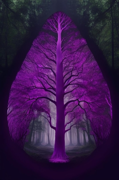 A purple tree with purple leaves in a dark forest