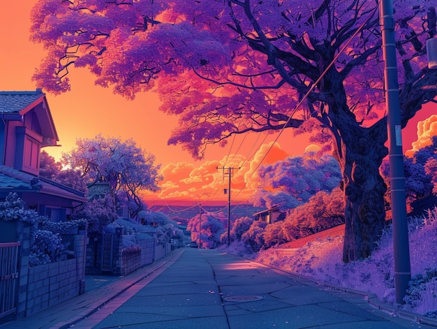 写真 紫色の木が夕暮れの住宅街の通りに並んでいます