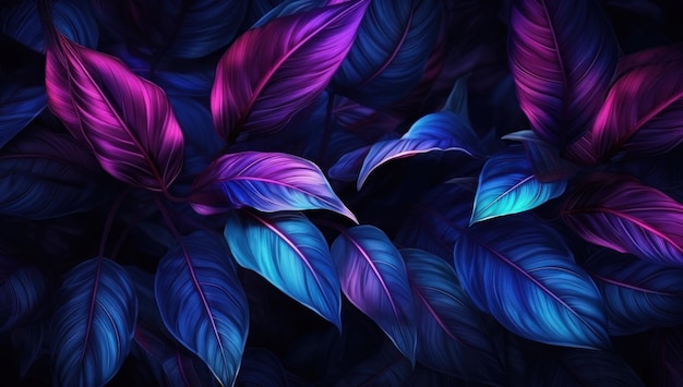 Purple tropical leaves luminous background