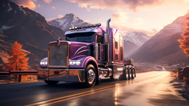 A purple truck driving on a road with mountains in the background