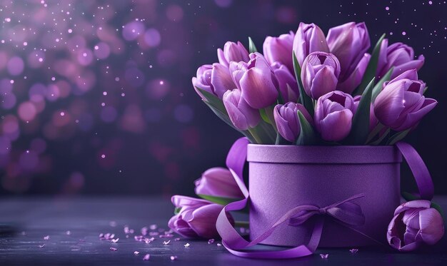 Purple tulip Bouquet in a box with beauty bokeh background Post card holidays