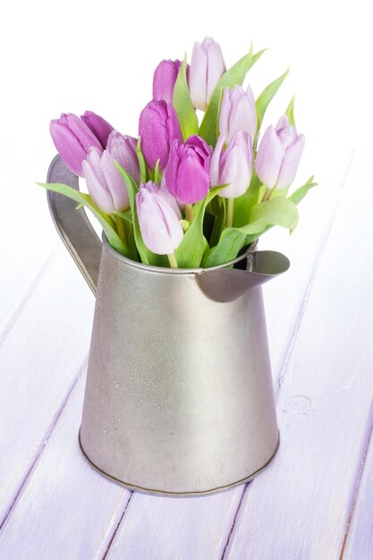 Purple tulip bouquet in watering can