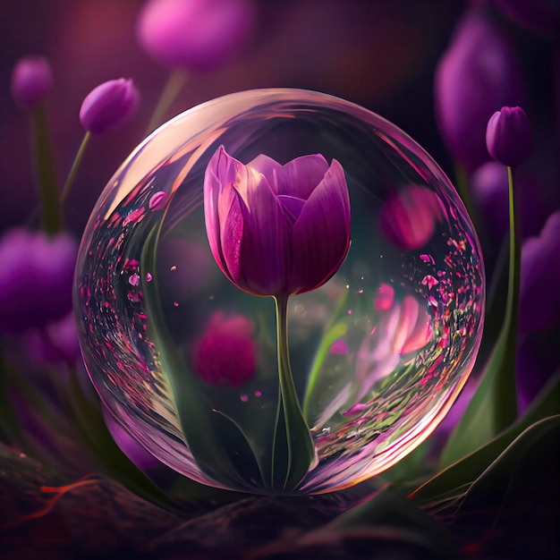 A purple tulip in a bubble is surrounded by purple flowers.