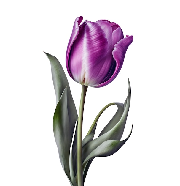 A purple tulip with green leaves and a white background.